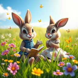 A serene scene depicting two beautifully designed talking rabbits sitting in a lush green meadow under a bright blue sky