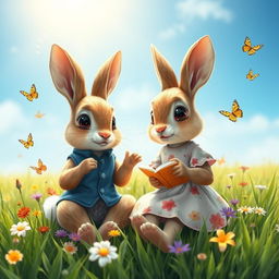 A serene scene depicting two beautifully designed talking rabbits sitting in a lush green meadow under a bright blue sky
