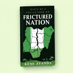 A mature, compelling book cover for 'Birth of a Fractured Nation' by Kemi Ayanda, featuring a dramatic depiction of a fractured nation