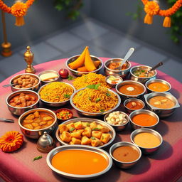 A vibrant and colorful 3D illustration of a traditional Indian meal spread on a table, featuring various dishes such as biryani, paneer tikka, samosas, and a selection of dals