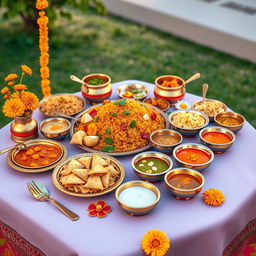 A vibrant and colorful 3D illustration of a traditional Indian meal spread on a table, featuring various dishes such as biryani, paneer tikka, samosas, and a selection of dals