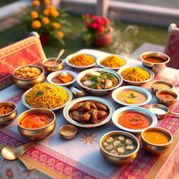 A vibrant and colorful 3D illustration of a traditional Indian meal spread on a table, featuring various dishes such as biryani, paneer tikka, samosas, and a selection of dals