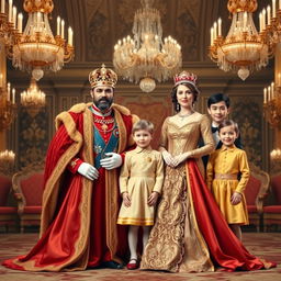 A grand royal family portrait set in an opulent palace