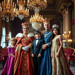 A grand royal family portrait set in an opulent palace