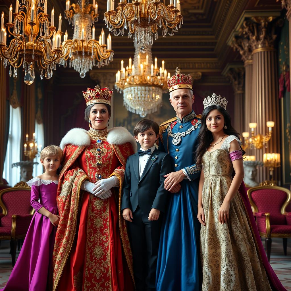 A grand royal family portrait set in an opulent palace