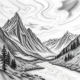 A stunning black and white drawing featuring a majestic mountain landscape, with sharp peaks and deep valleys