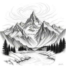 A stunning black and white drawing featuring a majestic mountain landscape, with sharp peaks and deep valleys