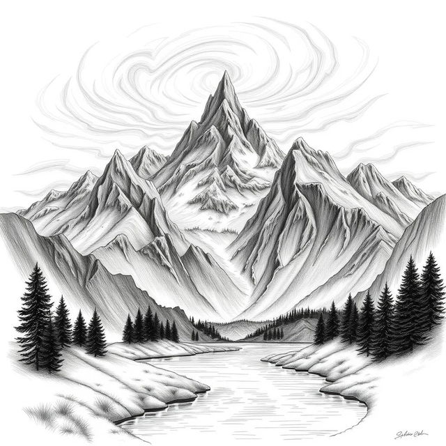A stunning black and white drawing featuring a majestic mountain landscape, with sharp peaks and deep valleys