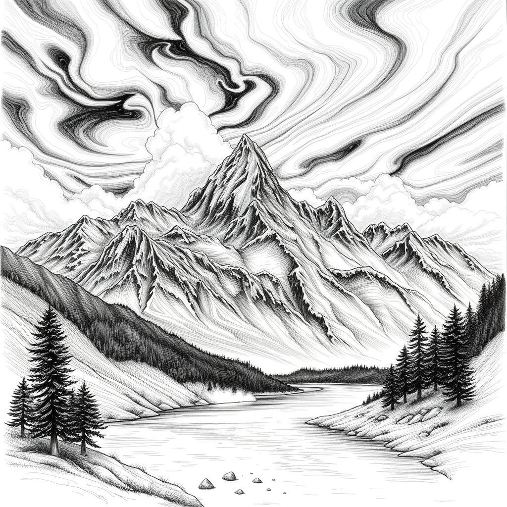 A stunning black and white drawing featuring a majestic mountain landscape, with sharp peaks and deep valleys