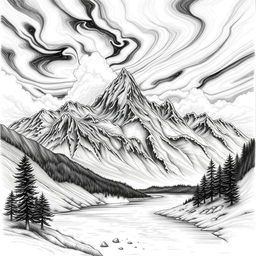 A stunning black and white drawing featuring a majestic mountain landscape, with sharp peaks and deep valleys