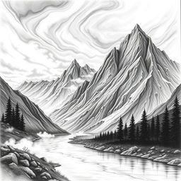 A stunning black and white drawing featuring a majestic mountain landscape, with sharp peaks and deep valleys