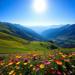 A breathtaking landscape depicting vibrant green hills, a deep blue sky, and clear, majestic mountains