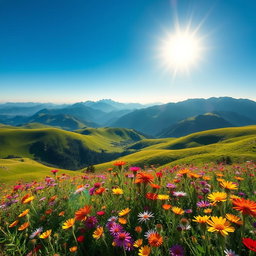 A breathtaking landscape depicting vibrant green hills, a deep blue sky, and clear, majestic mountains