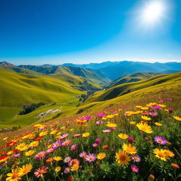 A breathtaking landscape depicting vibrant green hills, a deep blue sky, and clear, majestic mountains