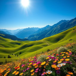 A breathtaking landscape depicting vibrant green hills, a deep blue sky, and clear, majestic mountains