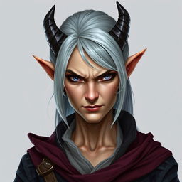 A female tiefling rogue thief in her 60s, with striking gray hair and a tough expression, scowling as she gazes directly at the viewer
