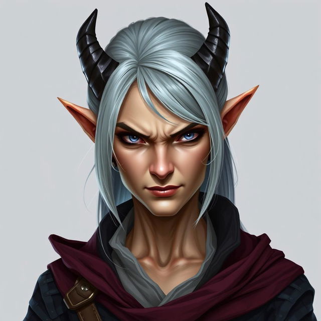 A female tiefling rogue thief in her 60s, with striking gray hair and a tough expression, scowling as she gazes directly at the viewer