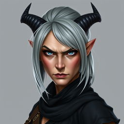 A female tiefling rogue thief in her 60s, with striking gray hair and a tough expression, scowling as she gazes directly at the viewer