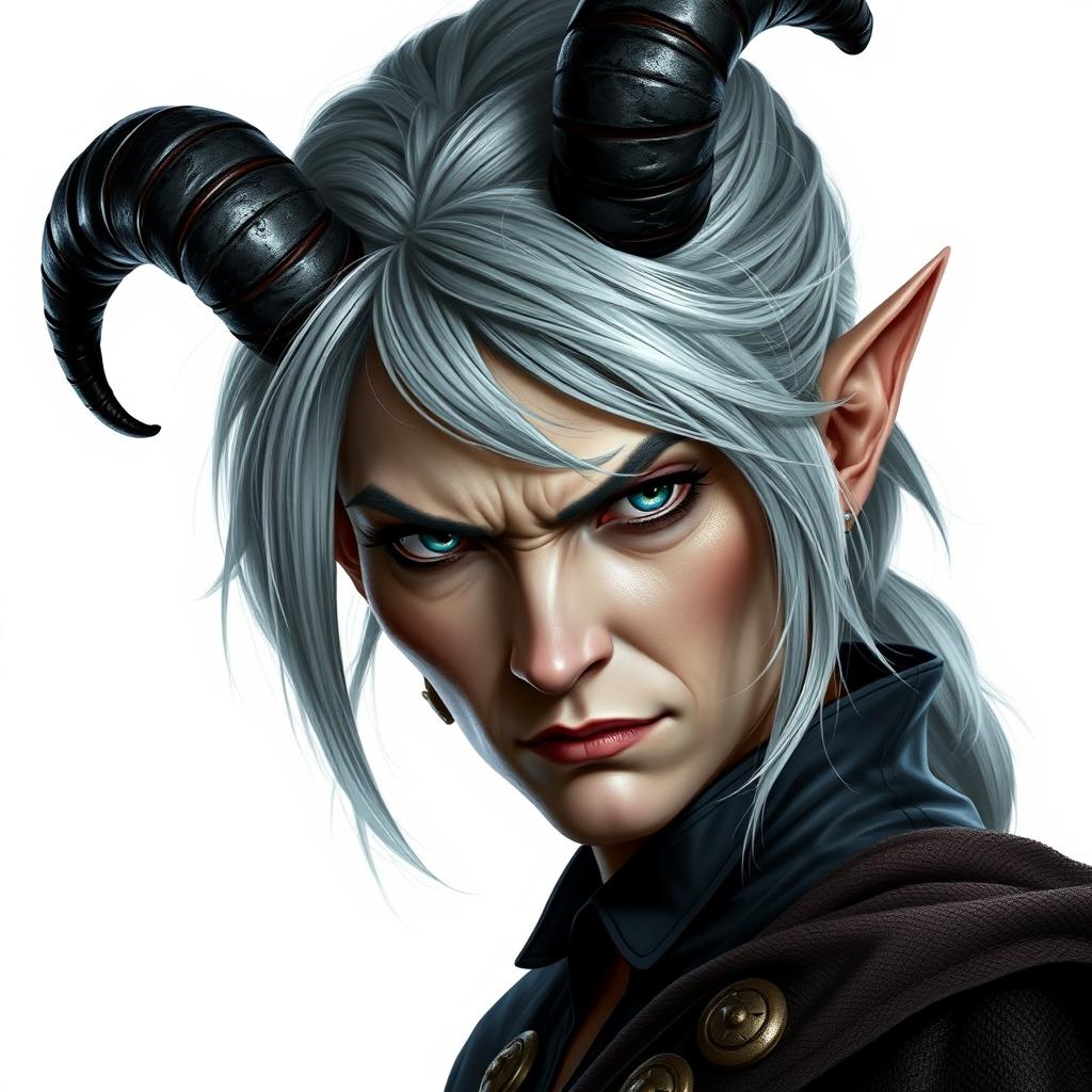 A female tiefling rogue thief in her 60s, with striking gray hair and a tough expression, scowling as she gazes directly at the viewer