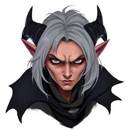 A female tiefling rogue thief in her 60s, with striking gray hair and a tough expression, scowling as she gazes directly at the viewer