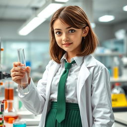 A 17-year-old girl with striking black eyes and shoulder-length brown hair, dressed in fashionable green striped trousers, a crisp white shirt adorned with a green tie, and a white lab coat
