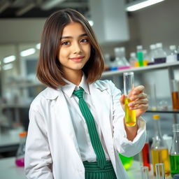 A 17-year-old girl with striking black eyes and shoulder-length brown hair, dressed in fashionable green striped trousers, a crisp white shirt adorned with a green tie, and a white lab coat