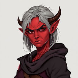 A female tiefling rogue thief, characterized by her striking red skin and soft gray hair, aged in her 60s