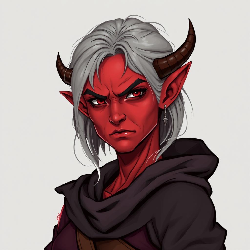 A female tiefling rogue thief, characterized by her striking red skin and soft gray hair, aged in her 60s
