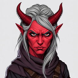 A female tiefling rogue thief, characterized by her striking red skin and soft gray hair, aged in her 60s
