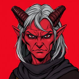 A female tiefling rogue thief, characterized by her striking red skin and soft gray hair, aged in her 60s
