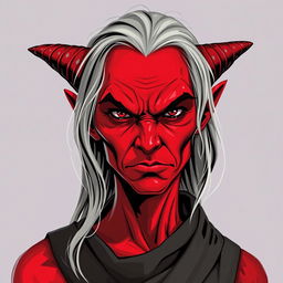 A female tiefling rogue thief, characterized by her striking red skin and soft gray hair, aged in her 60s