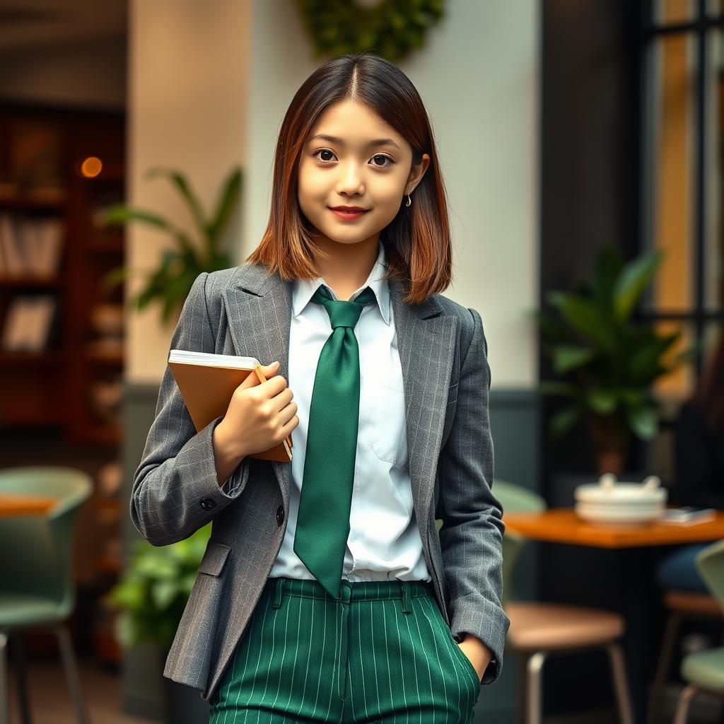 A 17-year-old girl with captivating black eyes and shoulder-length brown hair, wearing stylish green striped trousers paired with a white shirt and a green tie