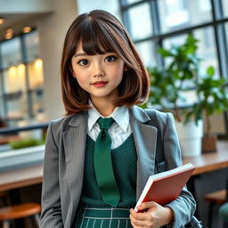 A 17-year-old girl with captivating black eyes and shoulder-length brown hair, wearing stylish green striped trousers paired with a white shirt and a green tie