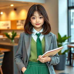 A 17-year-old girl with captivating black eyes and shoulder-length brown hair, wearing stylish green striped trousers paired with a white shirt and a green tie