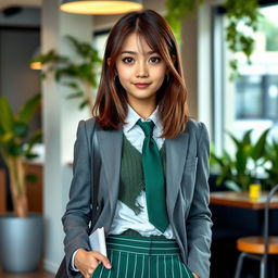 A 17-year-old girl with captivating black eyes and shoulder-length brown hair, wearing stylish green striped trousers paired with a white shirt and a green tie
