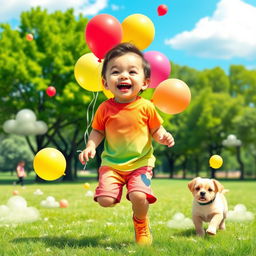 A joyful child filled with happiness, laughing and playing in a sunny park