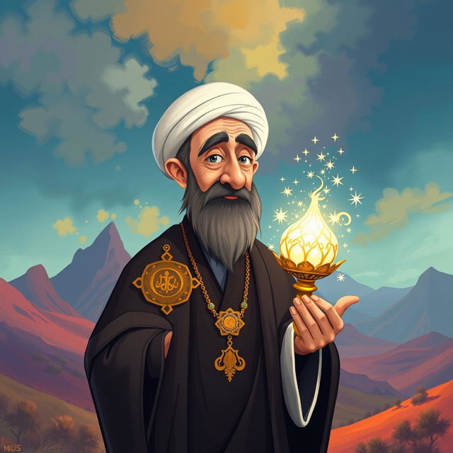 A surreal illustration of Ayatollah Khamenei depicted in a whimsical, cartoonish style, holding an ornate, glowing thanus (an ancient mythical artifact)