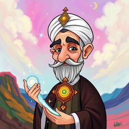 A surreal illustration of Ayatollah Khamenei depicted in a whimsical, cartoonish style, holding an ornate, glowing thanus (an ancient mythical artifact)