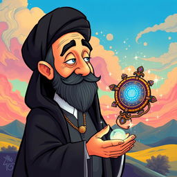 A surreal illustration of Ayatollah Khamenei depicted in a whimsical, cartoonish style, holding an ornate, glowing thanus (an ancient mythical artifact)