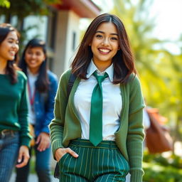 A 17-year-old girl with striking black eyes and shoulder-length brown hair, dressed in stylish green striped trousers, complemented by a crisp white shirt and a green tie