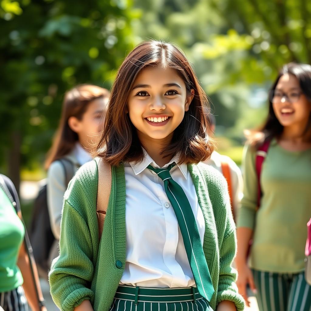 A 17-year-old girl with striking black eyes and shoulder-length brown hair, dressed in stylish green striped trousers, complemented by a crisp white shirt and a green tie