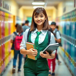 A 17-year-old girl with mesmerizing black eyes and shoulder-length brown hair, adorned in fashionable green striped trousers and a crisp white shirt, complemented by a stylish green tie