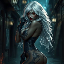 A seductive woman with dark skin, long white hair, and striking red eyes, designed as a sexy thief