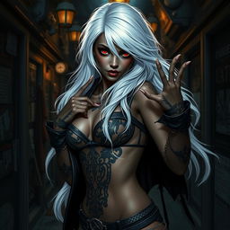 A seductive woman with dark skin, long white hair, and striking red eyes, designed as a sexy thief