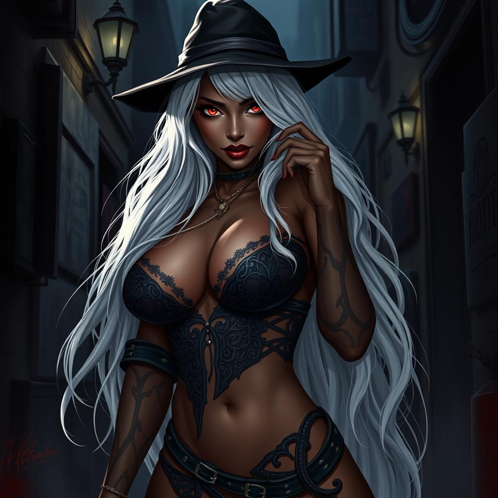 A seductive woman with dark skin, long white hair, and striking red eyes, designed as a sexy thief