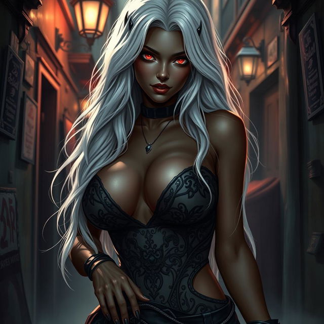 A seductive woman with dark skin, long white hair, and striking red eyes, designed as a sexy thief