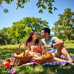 A romantic couple sitting on a cozy blanket in a sunlit park, sharing a picnic
