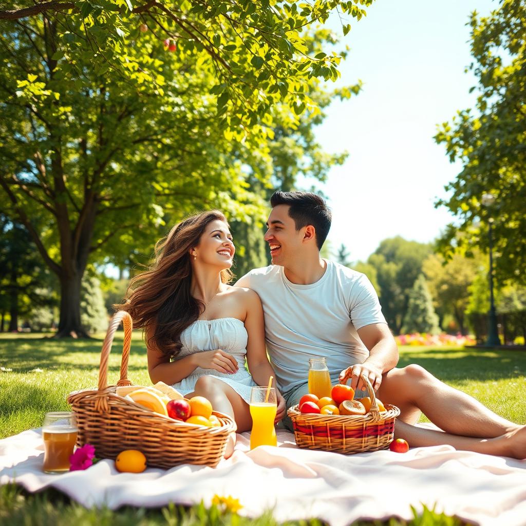 A romantic couple sitting on a cozy blanket in a sunlit park, sharing a picnic
