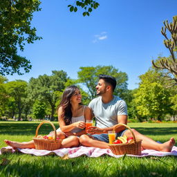 A romantic couple sitting on a cozy blanket in a sunlit park, sharing a picnic