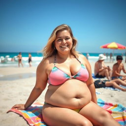 A chubby college student with a round belly, wearing a vibrant bikini, enjoying a sunny day at the beach